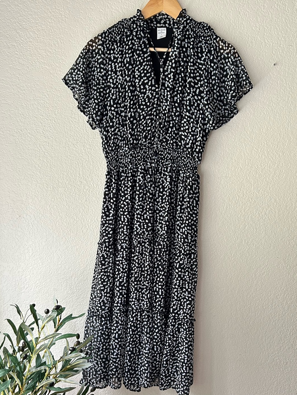 Melrose and Market Black and White Dot Midi Dress with‎ Smocked Waist